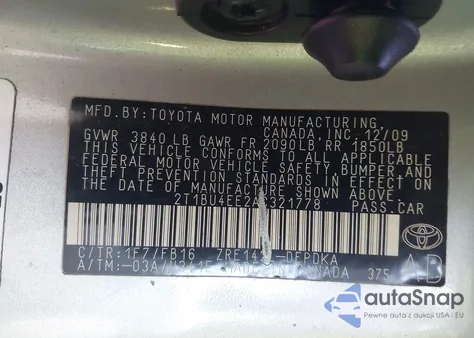 2010 Toyota Corolla из США, поврежденный, VIN 2T1BU4EE2AC321778